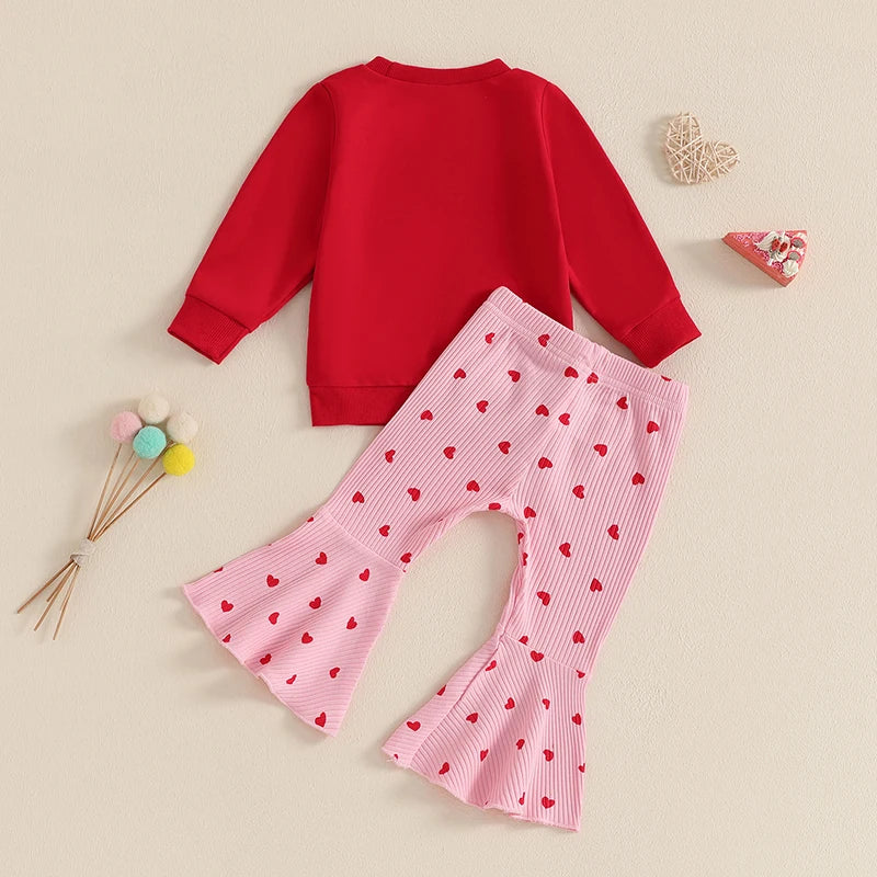 Letter Print Long Sleeve Sweatshirt Heart Print Ribbed Flare Pants Valentines Day outfit