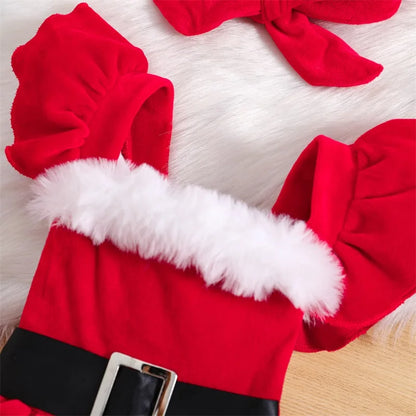 Girls Christmas Outfits Long Sleeve Fur Trim Velvet Romper Dress + Headband