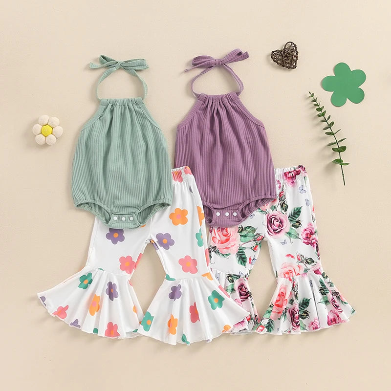 Girl Summer Outfits Tie-Up Halter Neck Sleeveless Rompers Flower Print Flared Pants 2Pcs