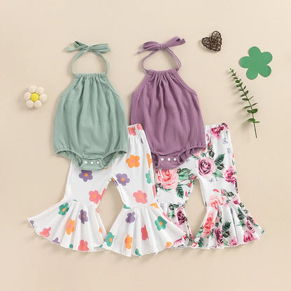 Girl Summer Outfits Tie-Up Halter Neck Sleeveless Rompers Flower Print Flared Pants 2Pcs