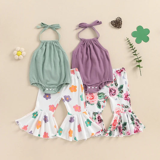 Girl Summer Outfits Tie-Up Halter Neck Sleeveless Rompers Flower Print Flared Pants 2Pcs