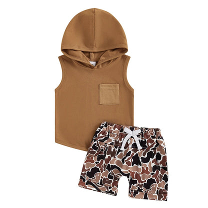 Pocket Hooded Sleeveless Tank Tops + Camouflage Elastic Waist Shorts set