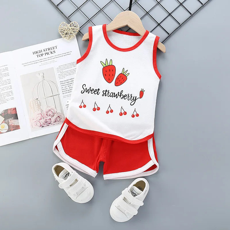 Summer Toddler Boy Girl Clothes Baby Boys Cotton Vest+Shorts 2 Pcs Sets Kids Clothes Boys Girls Cartoon Vest Sleeveless T Shirts