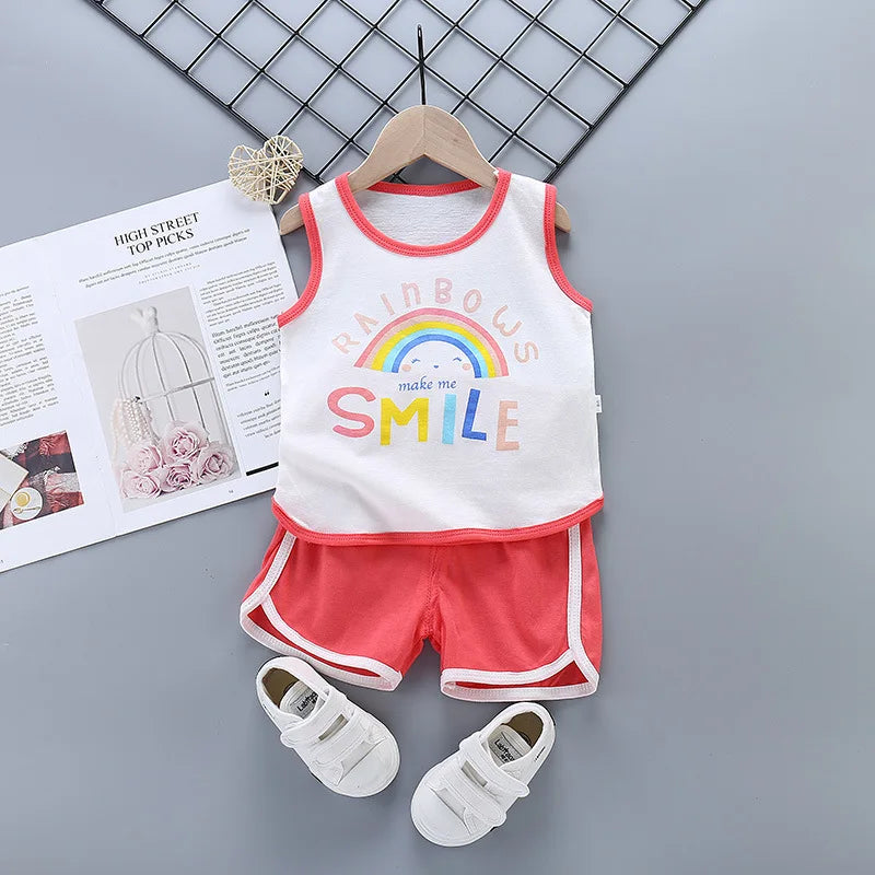 Summer Toddler Boy Girl Clothes Baby Boys Cotton Vest+Shorts 2 Pcs Sets Kids Clothes Boys Girls Cartoon Vest Sleeveless T Shirts