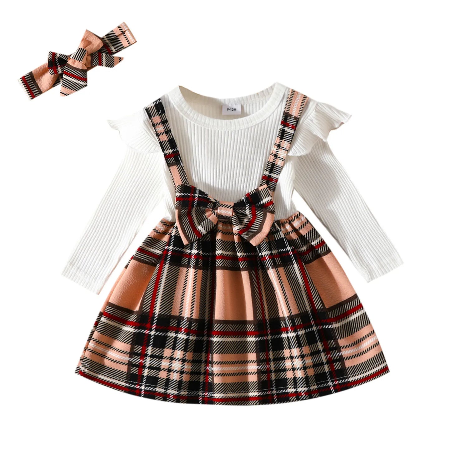 0-18M Christmas Newborn Infant Baby Girls Dress Bowknot Ribbed Ruffle Long Sleeve Plaid Dress With Headband Xmas Outfits Costume