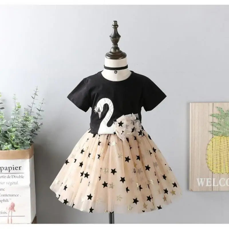 Swan T-Shirt+Sequin Skirts 2Pcs Outfits