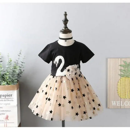 Swan T-Shirt+Sequin Skirts 2Pcs Outfits