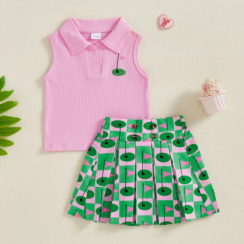 Sleeveless Tank Tops and Golf Print Pleated A-Line Skirt Set