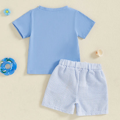 Boys Summer Outfits Fish Embroidery Short Sleeve T-Shirts Elastic Waist Shorts 2Pcs