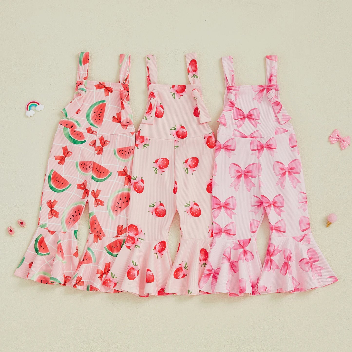 Bell-Bottom Jumpsuit Bow/Watermelon/Strawberry Square Neck