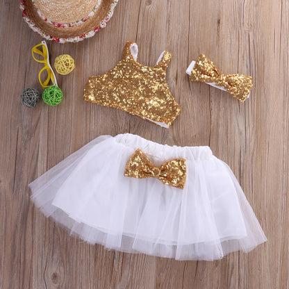 Princess Sequin Crop Tops+Tulle Dress Skirts Headband 3Pcs