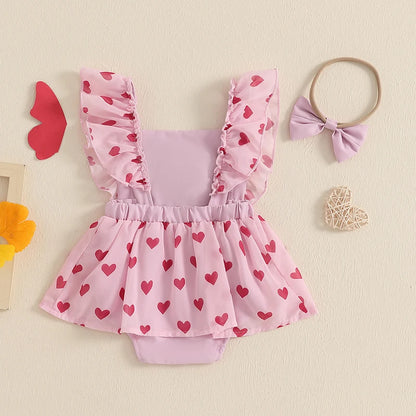 Heart Letter Embroidery Fly Sleeve Skirt  Bodysuits with Headband
