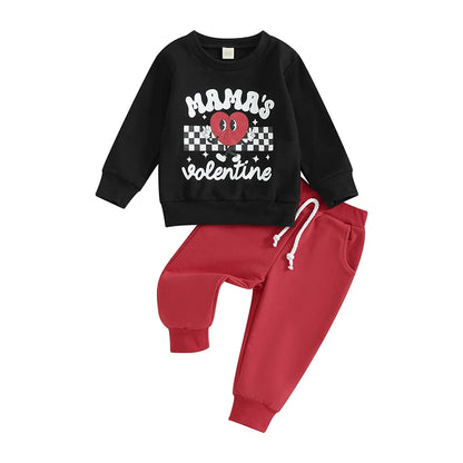 Boy Long Sleeve Mamas Valentine Sweatshirt  and Long Pants Spring Outfits
