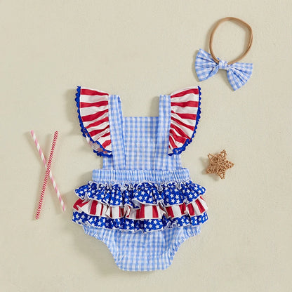 4th of July Romper Cherry Embroidery Plaid Fly Sleeves Jumpsuit and Headband Set