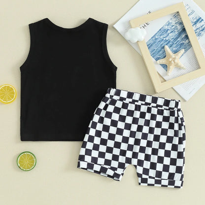 Sleeveless Tank Tops and Checkerboard Elastic Waist Shorts Set