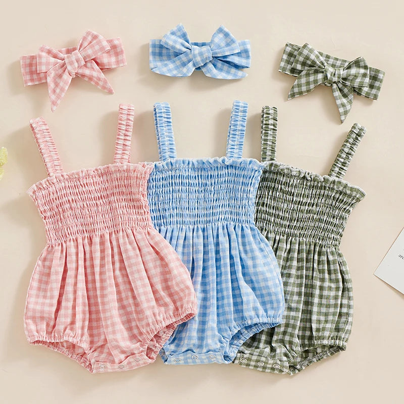 Girl Summer Fashion Bodysuit Sleeveless Plaid Solid Floral Printed Jumpsuit