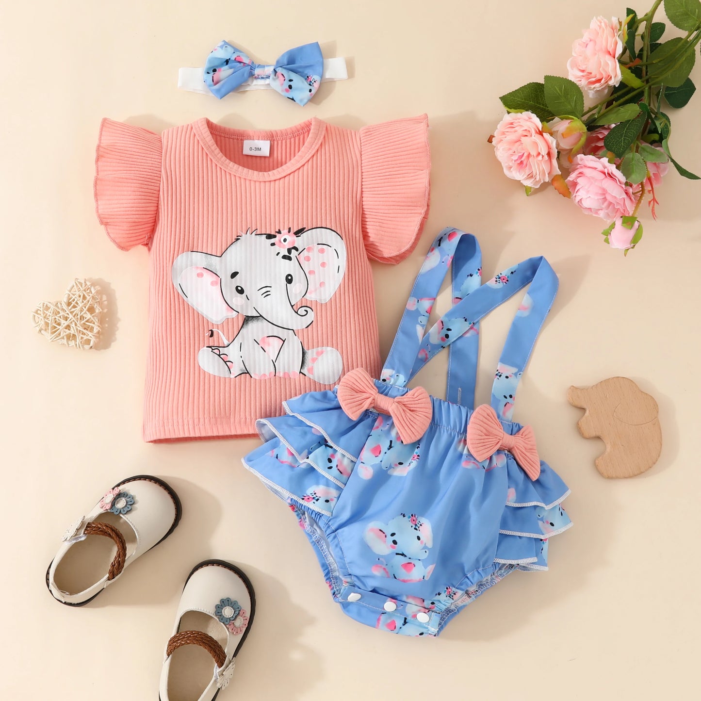 2pcs, Adorable Baby Girls Elephant Pattern Top and Skirt Set with LaceSleeves -Perfect for Summer!