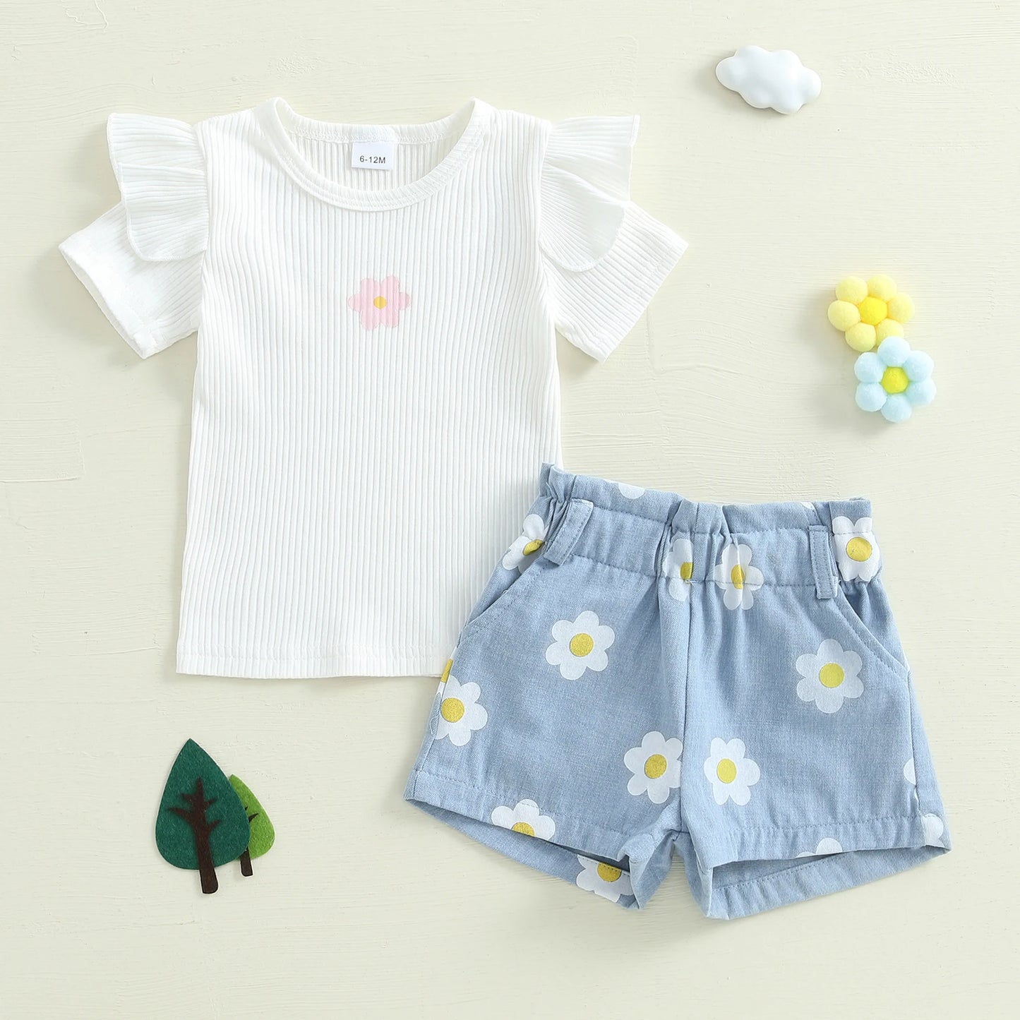 1-4Y Baby Girl Summer Outfits Ruffle Short Sleeve Floral Print Ribbed t Shirt Tops Shorts Set Toddler Baby Clothing 2Pcs