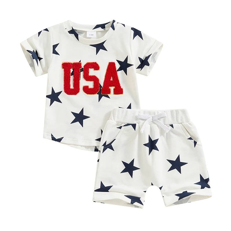 Boys 4th of July Short Sleeve Embroidery Letters T-shirt with Stars Print + Shorts Outfit