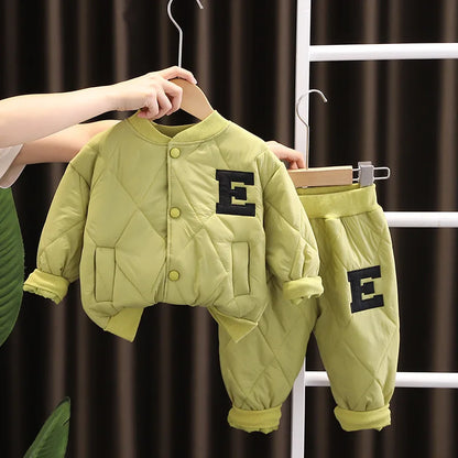 Kids Designer Luxury Clothes Winter 2023 Fashion Thickened Boys Letter Cotton Coats + Pants Suit Set Children's Christmas Outfit