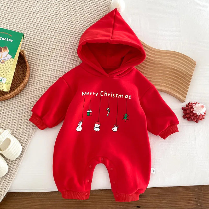 Cozy Baby Christmas Cartoon Hooded Bodysuits