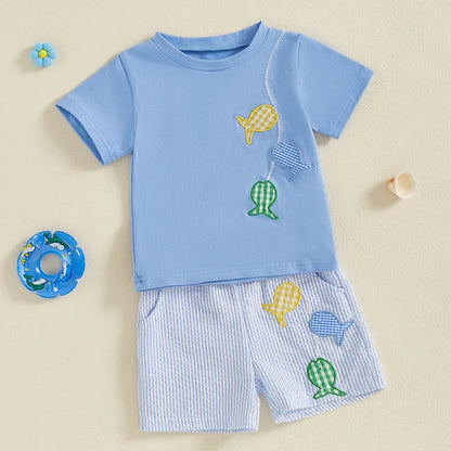 Boys Summer Outfits Fish Embroidery Short Sleeve T-Shirts Elastic Waist Shorts 2Pcs