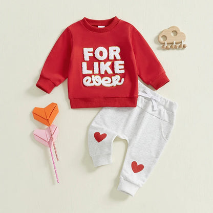 Boys/ Girls Valentines Outfit Letter Embroidery Long Sleeve Sweatshirt and Heart Print Pants