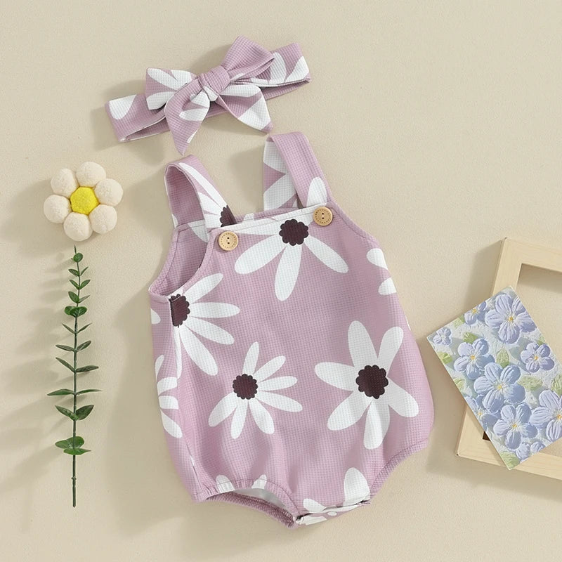 Baby Girl Outfits Sleeveless Floral Print Overalls + Headband