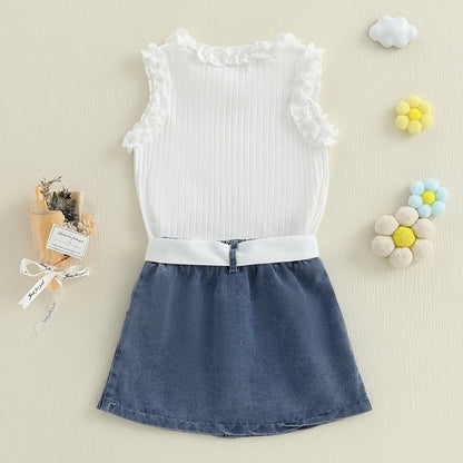 Solid Color Ruffles Tank Tops and Button Denim Skirt with Belt Set