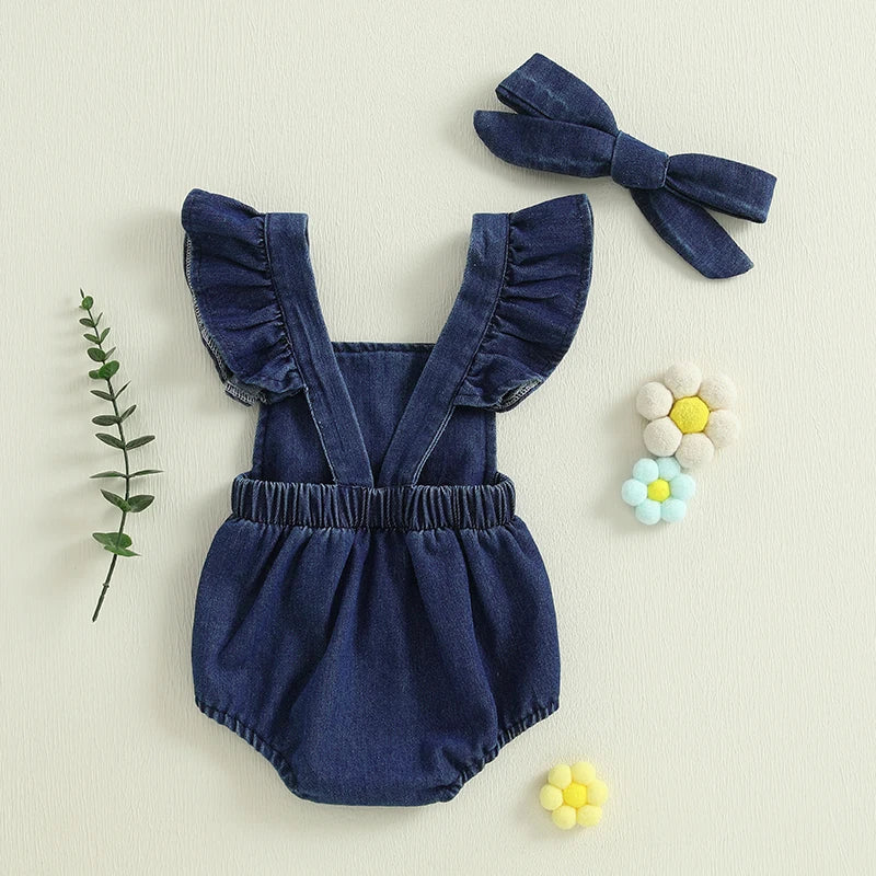 Girl Summer Outfits Ruffle Sleeveless Square Neck Denim Romper with Headband Set