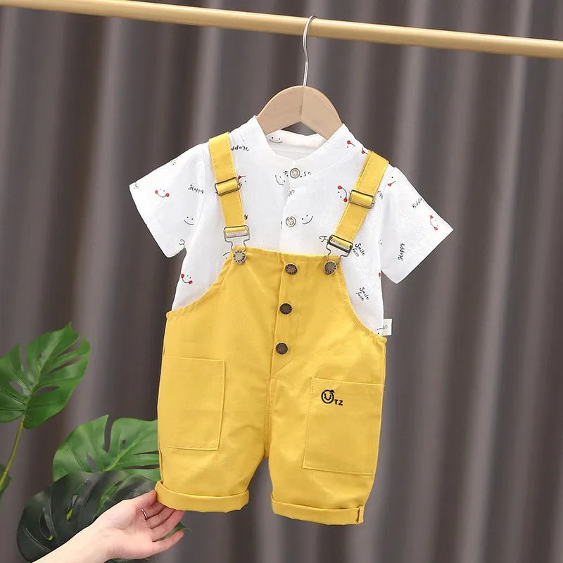 Printed Smile Short Sleeve T-Shirts Rompers Overalls 2Pcs