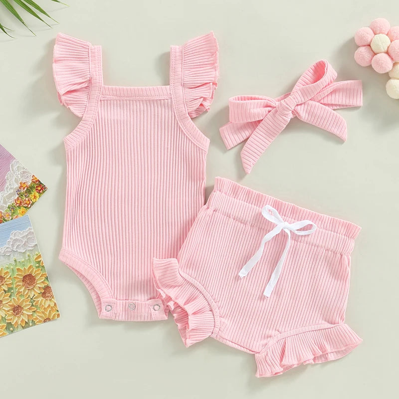 Girls 3Pcs Summer short sleeve top and ruffled shorts