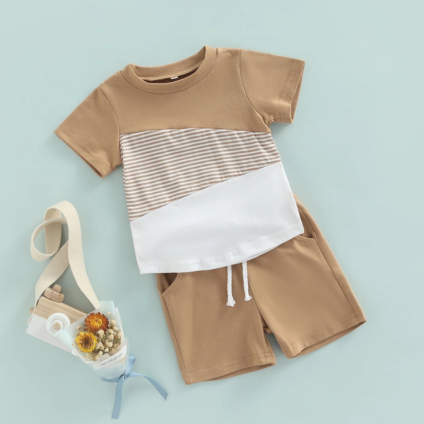 Boys 2PCS Short Sleeve Crew Tees White Straps +Shorts