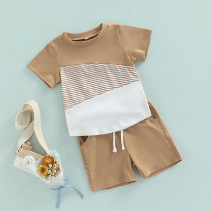 Boys 2PCS Short Sleeve Crew Tees White Straps +Shorts