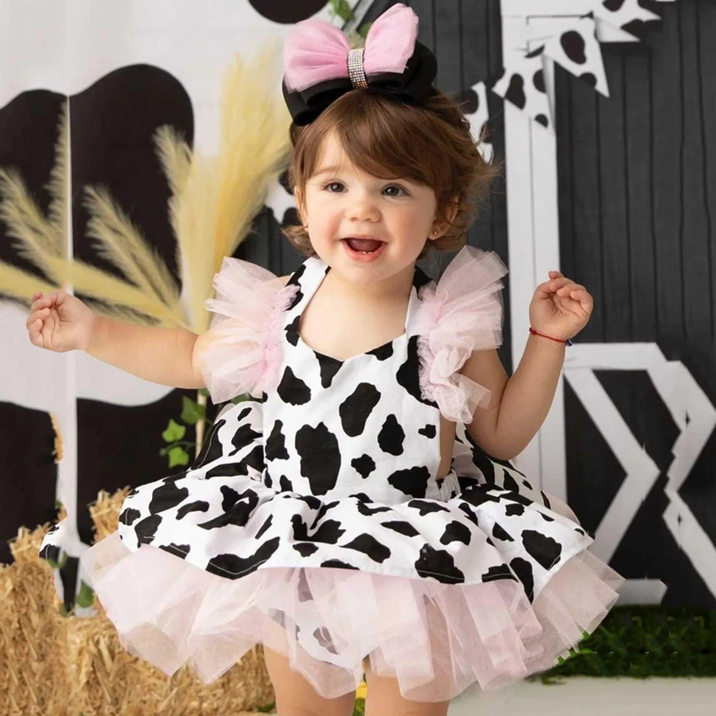 Girls Romper Dress Headband Sets Cow Print