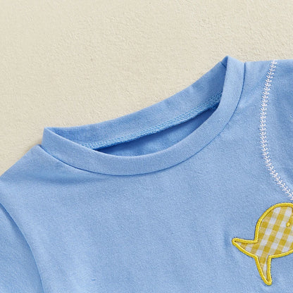 Boys Summer Outfits Fish Embroidery Short Sleeve T-Shirts Elastic Waist Shorts 2Pcs