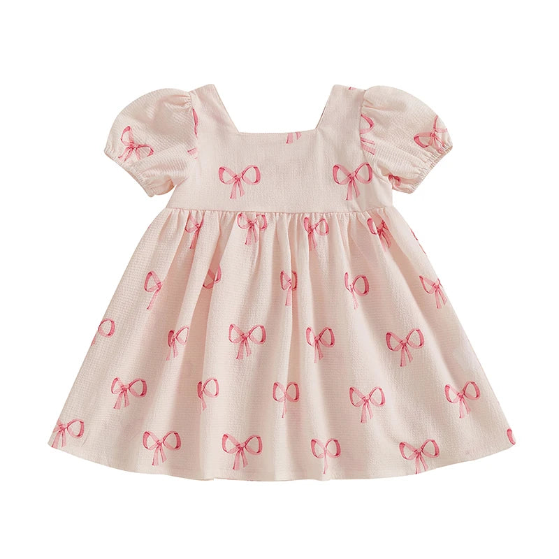 Girls Dress Bowknot Print Sqaure Neck Short Sleeve Casual Dress