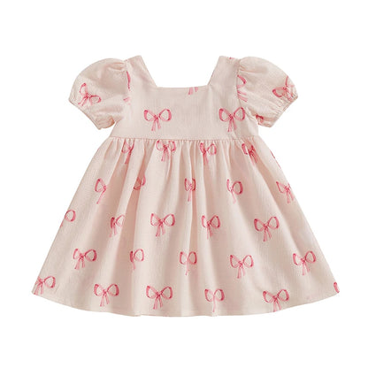 Girls Dress Bowknot Print Sqaure Neck Short Sleeve Casual Dress
