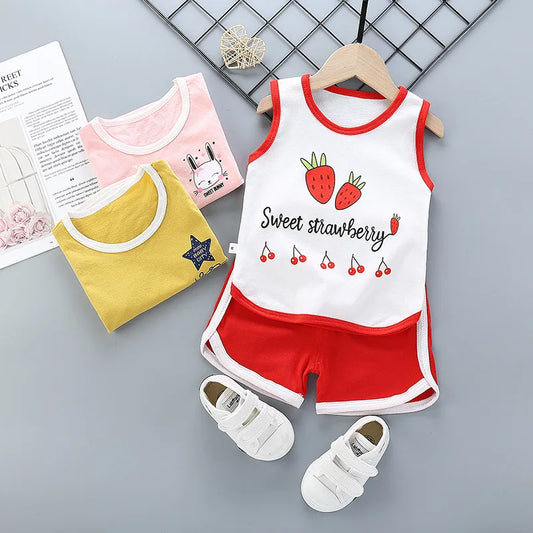 Summer Toddler Boy Girl Clothes Baby Boys Cotton Vest+Shorts 2 Pcs Sets Kids Clothes Boys Girls Cartoon Vest Sleeveless T Shirts