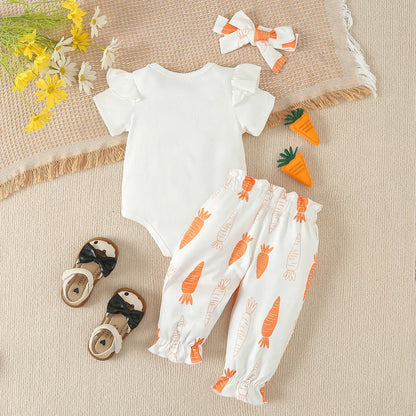 Short Sleeve Easter Rabbit Embroider Romper Bodysuit Pants