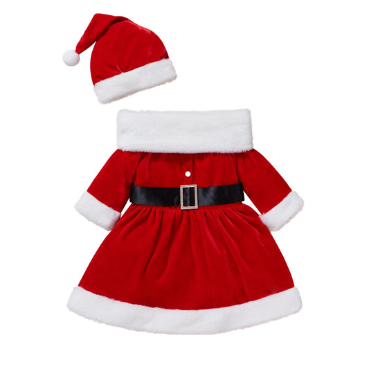 Christmas Claus Red Santa dress + Hats 2pcs Cotton Outfit