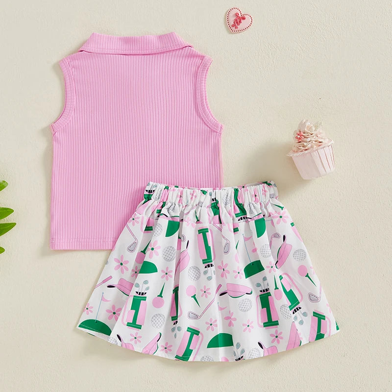 Sleeveless Tank Tops and Golf Print Pleated A-Line Skirt Set