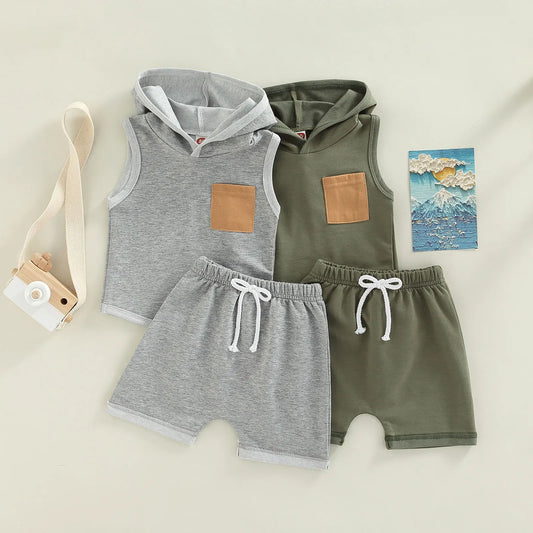 2Pcs Summer Clothing Casual Sleeveless Hooded Top + Shorts