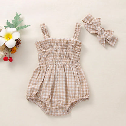 Girl Summer Fashion Bodysuit Sleeveless Plaid Solid Floral Printed Jumpsuit