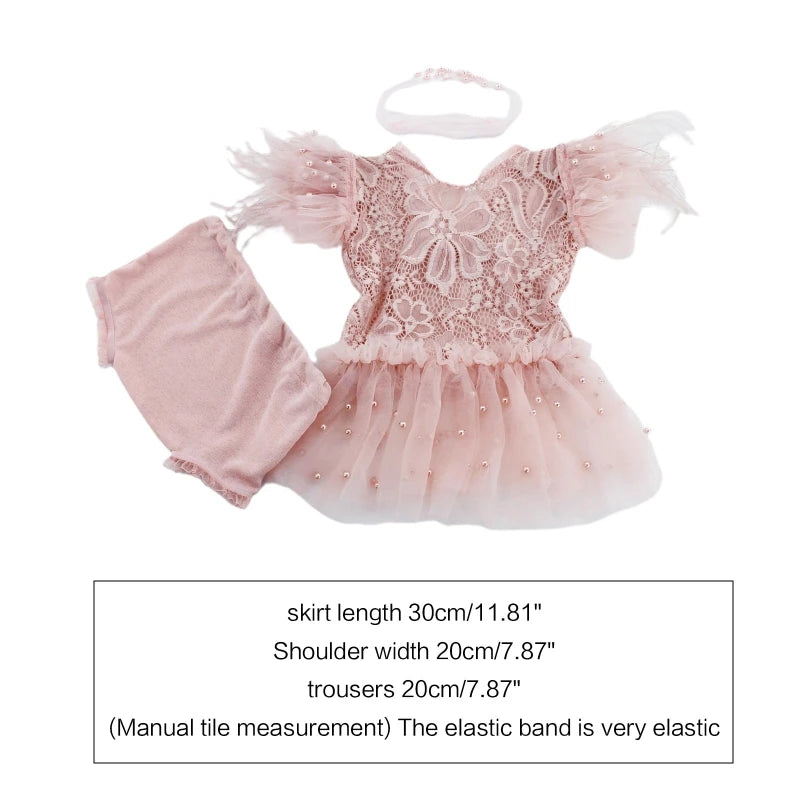 3Pcs Newborn Photography Props Baby Girl Lace Dress Infant Toddler Photo Props Headdress Outfits