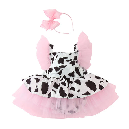 Girls Romper Dress Headband Sets Cow Print