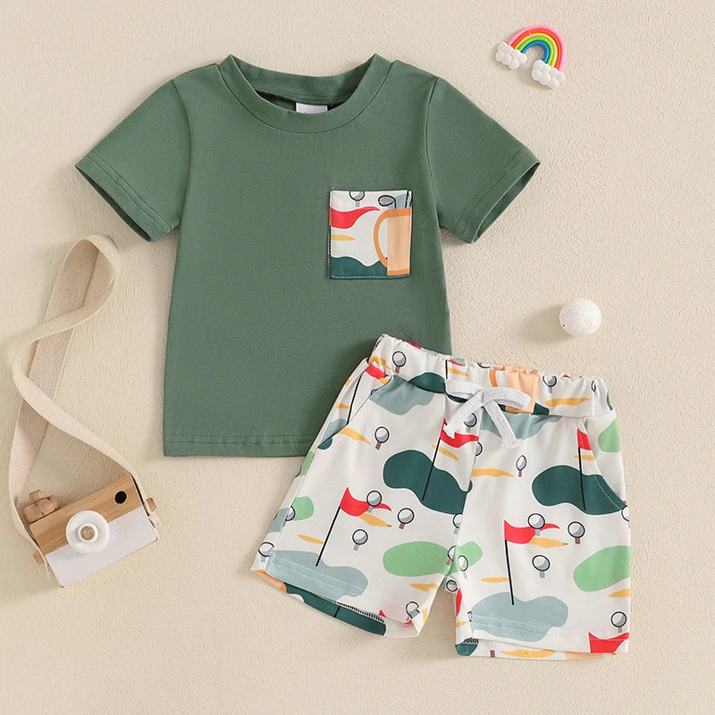 Short Sleeve T-shirt Golf Print and Elastic Waist Shorts 2PCS Summer Set