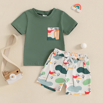 Short Sleeve T-shirt Golf Print and Elastic Waist Shorts 2PCS Summer Set