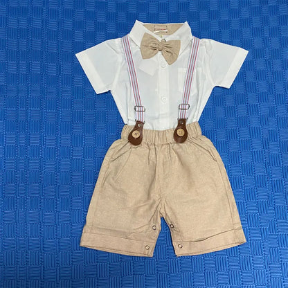 Fashion Baby Clothes Boy White Romper + Suspender Pants