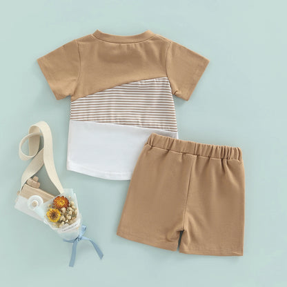 Boys 2PCS Short Sleeve Crew Tees White Straps +Shorts